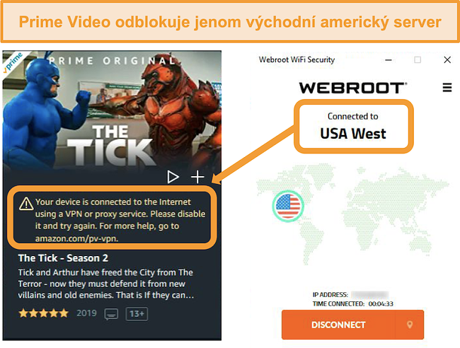 Screenshot chyby proxy serveru Amazon Prime Video při připojení k serveru Webroot WiFi Security na západě USA