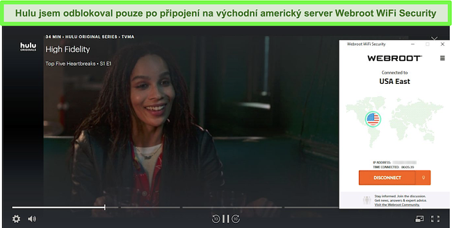 Hulu streamuje High Fidelity při připojení k serveru Webroot v USA na východ