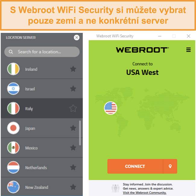 Screenshot síťové nabídky serveru Webroot WiFi Security