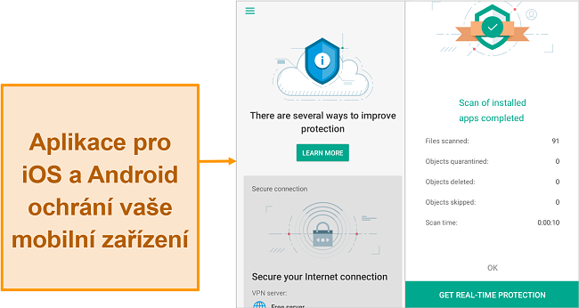 Screenshot obrazovky Kaspersky Security Cloud pro iOS ve srovnání s verzí pro Android