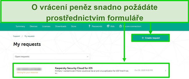 Screenshot požadavků na podporu společnosti Kaspersky na webu Kaspersky.
