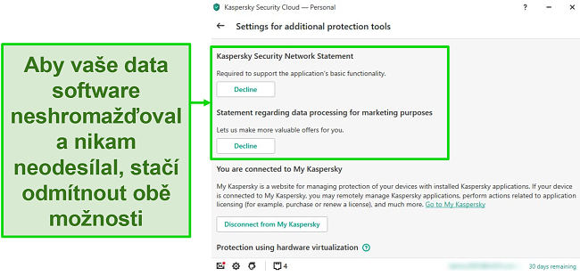 Screenshot z možností aplikace Kaspersky na ploše pro deaktivaci shromažďování osobních údajů.