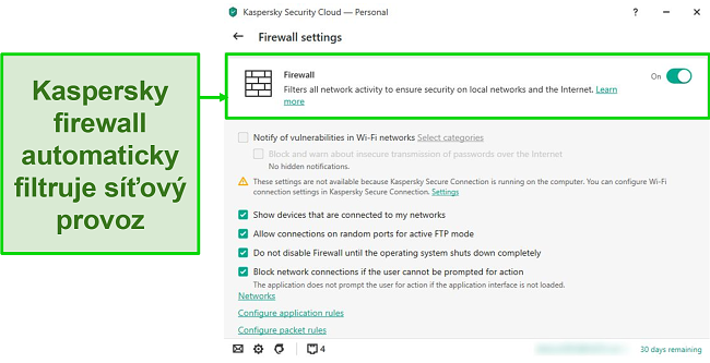 Screenshot obrazovky nastavení brány firewall Kaspersky, která vám umožní přizpůsobit její pravidla a filtry.