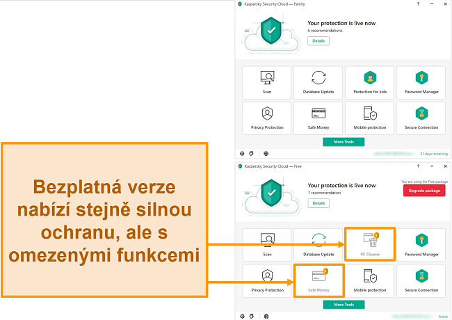 Screenshot obrazovky aplikace Kaspersky Security Cloud Free zobrazující uzamčené funkce oproti prémiové verzi.