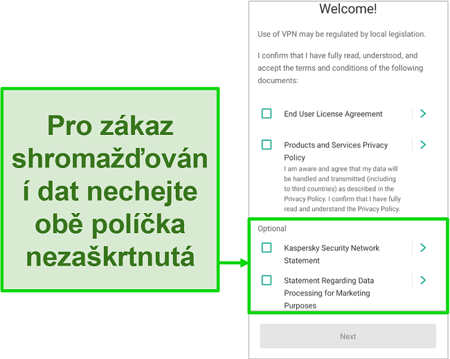 Screenshot mobilní aplikace Kaspersky Antivirus zobrazující obrazovku odhlášení sběru dat v uvítací nabídce.