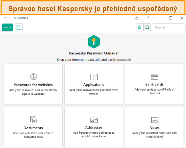 Screenshot aplikace Kaspersky Password Manager s možností přidání hesel, bankovních karet, adres a dokumentů.