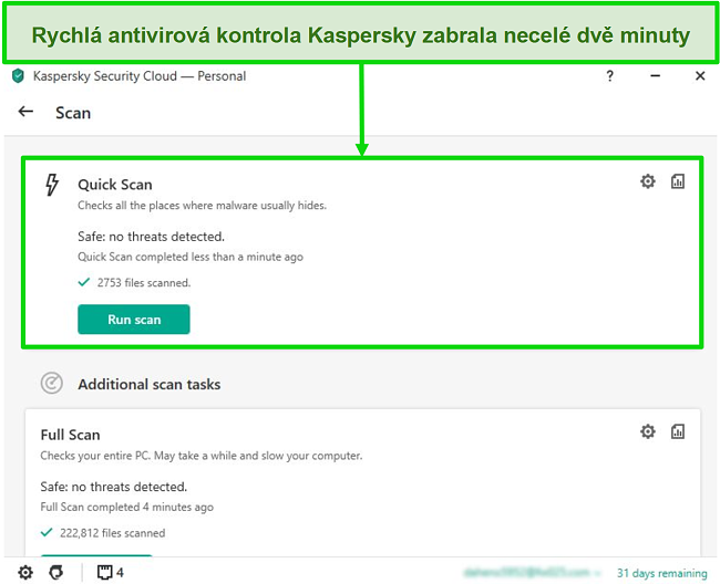 Screenshot obrazovky obrazovky s výsledky rychlého skenování aplikace Kaspersky Antivirus.