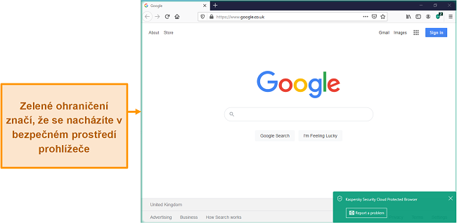 Screenshot Kaspersky Security Cloud Protected Browser se zabezpečeným oznámením.