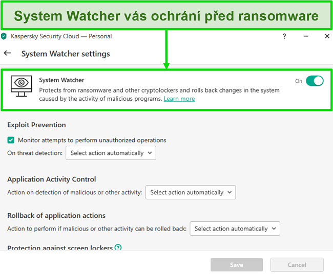 Screenshot obrazovky nastavení aplikace Kaspersky System Watcher, která umožňuje přizpůsobení ochrany ransomwaru.