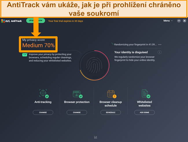 Screenshot skóre ochrany soukromí AVG AntiTrack pro webový prohlížeč