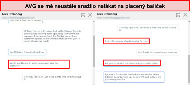 Screenshot zobrazující nástroj živého chatu AVG