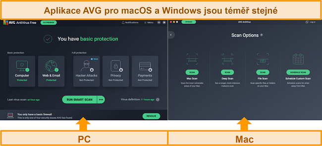 Screenshot porovnávající řídicí panely antivirových programů AVG pro PC a Mac