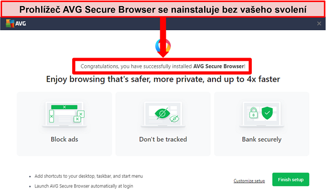 Screenshot domovské obrazovky AVG Secure Browser.