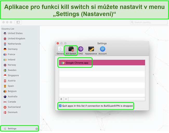 Screenshot z nabídky nastavení BullGuard VPN umožňující funkci Kill Switch pro Google Chrome