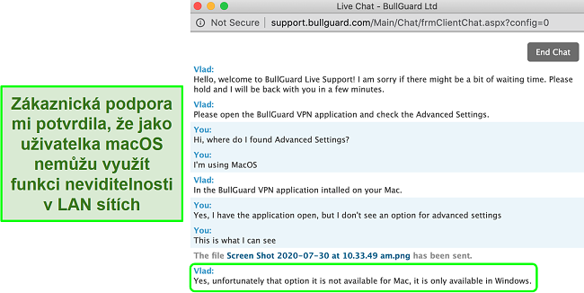 Screenshot zákaznické služby BullGuard VPN, která potvrzuje Neviditelnost v síti LAN, je k dispozici pouze ve Windows