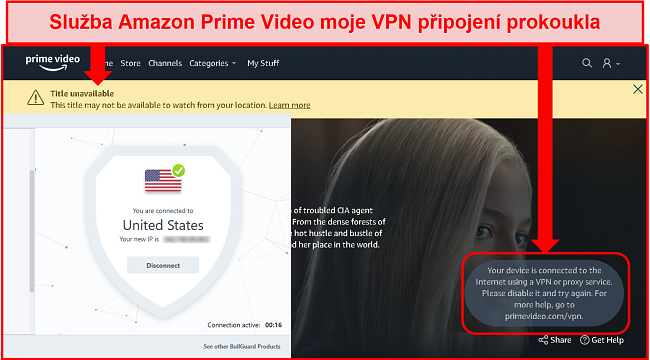 Screenshot nedostupnosti Amazon Prime Video s připojeným BullGuard