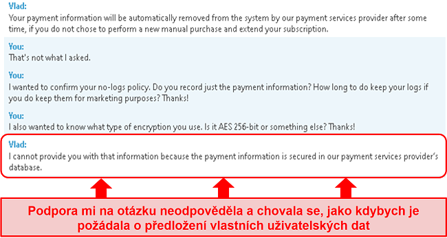 Screenshot podpory BullGuard, která neodpovídá na moji otázku ohledně platebních údajů, a pak mi dává špatnou odpověď
