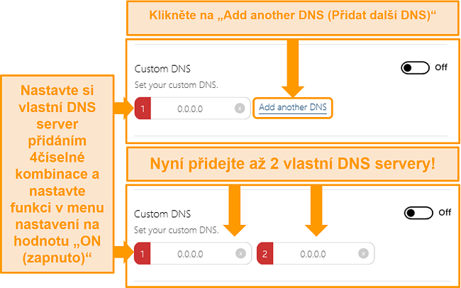 Screenshot, jak přistupovat a vytvářet vlastní servery DNS na BullGuard