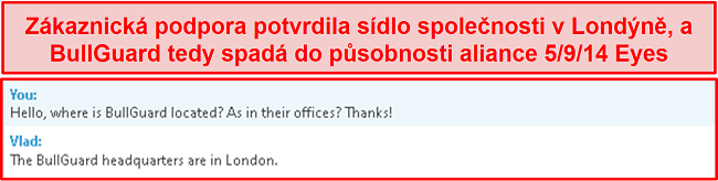 Screenshot chatu zákaznické podpory objasňující jejich základní operace je v Londýně
