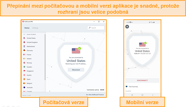 Screenshot rozhraní BullGuard pro mobilní zařízení a počítače