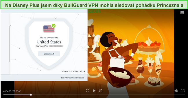 Screenshot Princezna a žabák na Disney Plus s připojeným BullGuardem