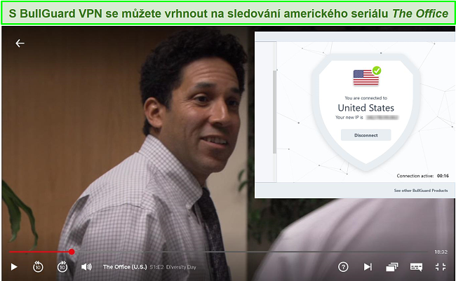 Screenshot z The Office na Netflixu s připojeným BullGuardem