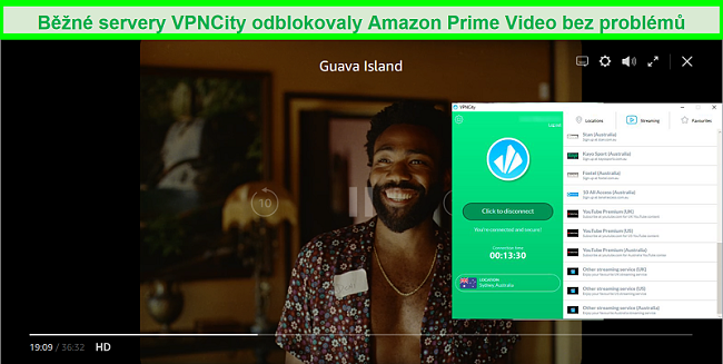 Screenshot z Amazon Prime Video streamujícího ostrov Guava, když jste přihlášeni k serveru VPNCity v Austrálii