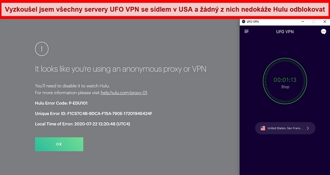 Hulu zobrazující chybu proxy při připojení k serveru UFO VPN v San Francisku