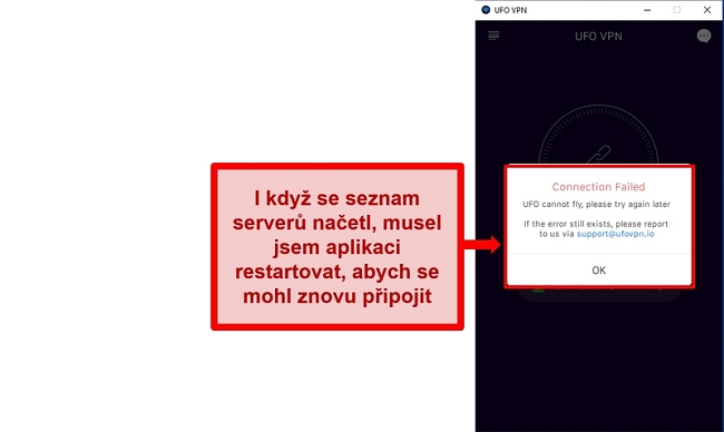  Screenshot chyby připojení UFO VPN