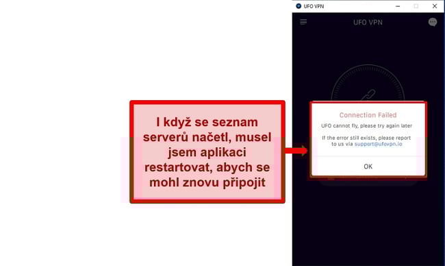  Screenshot chyby připojení UFO VPN