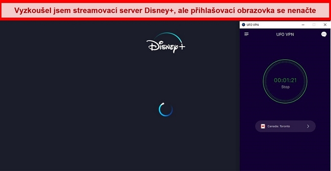  Screenshot aplikace Disney +, která se pokouší načíst, když je UFO VPN připojena k serveru v Kanadě