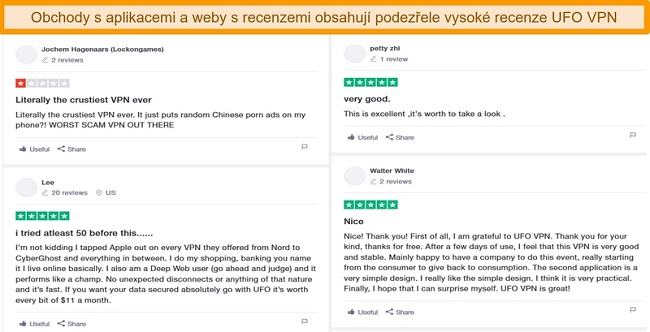  Screenshot z recenzí UFO VPN na Trustpilot.com