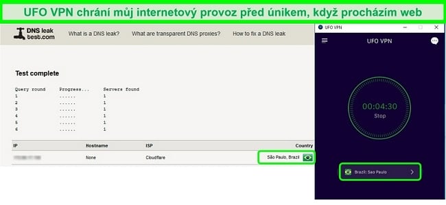 Screenshot z úspěšného testu úniku DNS při připojení k serveru UFO VPN v Brazílii