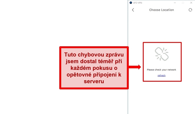  Screenshot chyby seznamu serverů UFO VPN