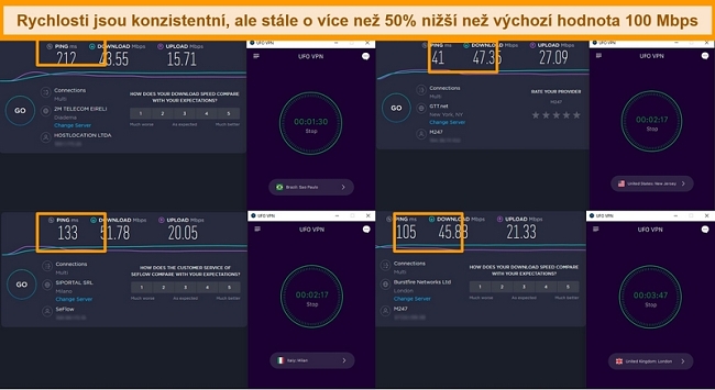 Screenshot výsledků testu rychlosti zobrazující rychlosti pro UFO VPN servery na 4 různých kontinentech