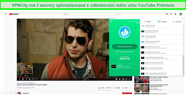 Screenshot z hraní YouTube Premium v HD při připojení k britskému serveru YouTube Premium Streaming společnosti VPNCity