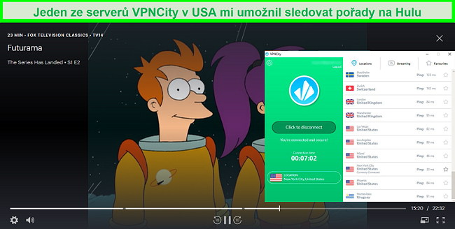 Screenshot streamování Futuramy na Hulu, zatímco VPNCity je připojeno k serveru v New Yorku, USA