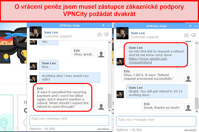 Screenshot z konverzace s živým chatem VPNCity zobrazující proces žádosti o vrácení peněz