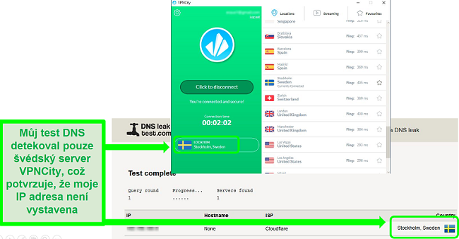 Screenshot z VPNCity připojeného k švédskému serveru a procházejícího testem úniku DNS