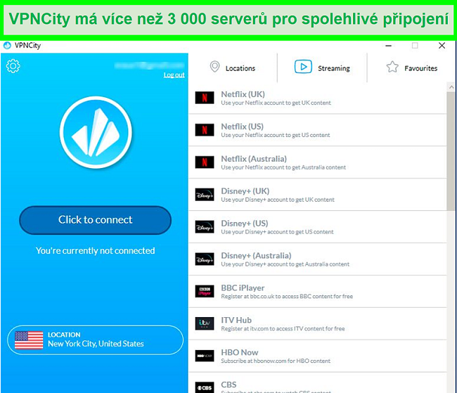 Screenshot uživatelského rozhraní VPNCity se seznamem streamovacích serverů