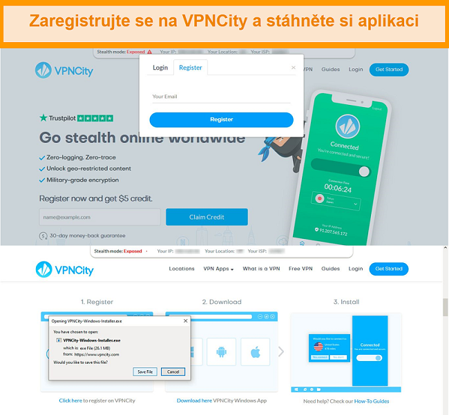 Screenshot z VPNCity.com zobrazující obrazovky registrace a stahování