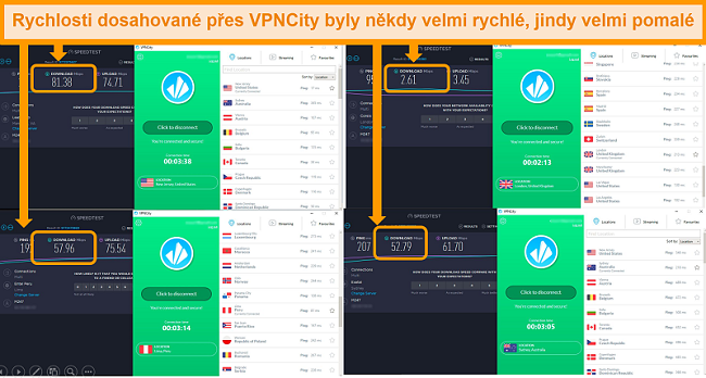 Screenshoty výsledků Speedtest.net, ukazující rychlosti ve 4 různých zemích