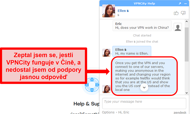 Screenshot podpory živého chatu VPNCity.com