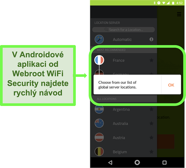 Screenshot z aplikace pro Android Webroot WiFi Security, která poskytuje návod pro uživatele