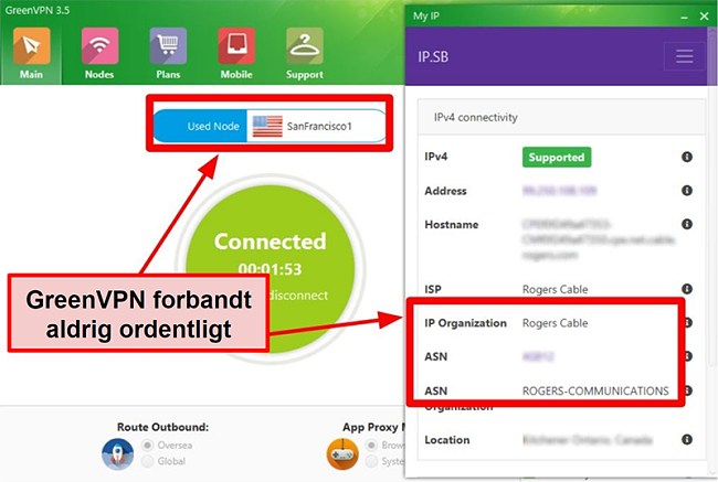 Skærmbillede af GreenVPN-interface, der viser serverforbindelser og IP-indstillinger