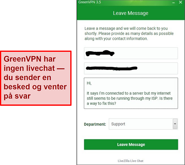 Skærmbillede af GreenVPN support skærm