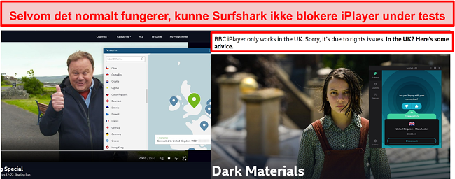 Skærmbillede af NordVPN med succes fjernelse af blokering af BBC iPlayer og Surfshark, der ikke gjorde det.