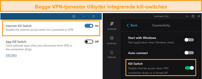 Skærmbillede af NordVPNs og Surfsharks integrerede kill-switches.