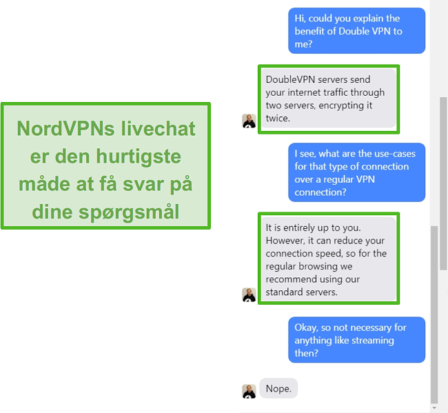 Skærmbillede af NordVPN live chat assistance.