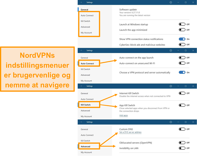 Skærmbillede af NordVPNs skrivebordsmenuer.